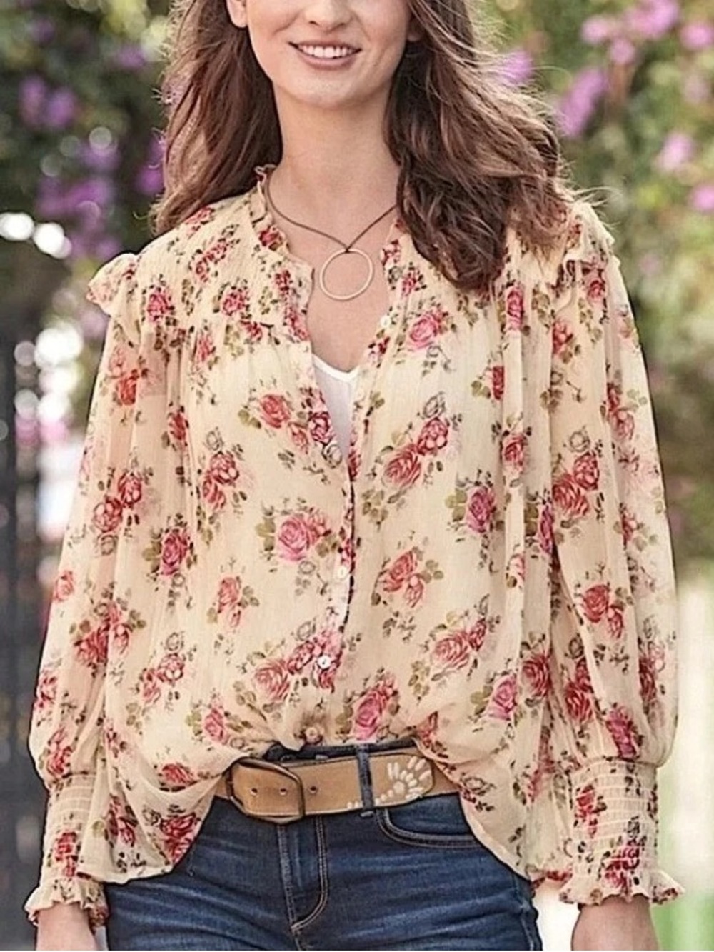 Sundance Amelia Floral Sheer Smocked Button Down Cream Pink Medium Blouse NWOT
